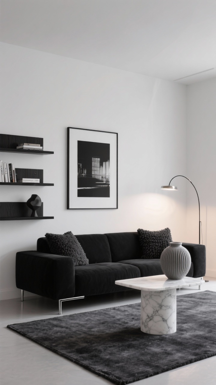Medium shot, Monochrome Minimalist seating zone: matte white walls and a charcoal area rug; a boxy, low black sofa with slim metal legs facing a white marble pedestal coffee table; floating black wood shelves with a few curated books and a single sculptural object; a single oversized black-and-white photograph as the statement piece; bouclé pillows on the sofa, a ribbed ceramic vase on the table, and a metal arc floor lamp adding warm glow; true black, bright white, charcoal palette; evening ambient lighting, photorealistic, slight corner angle.