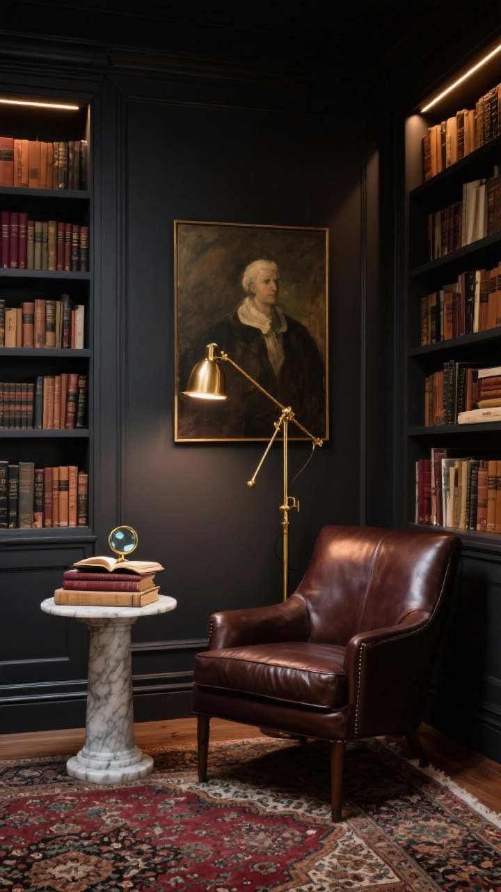 Medium shot, moody home library corner: charcoal built-in bookshelves filled with hardcovers, a deep tobacco leather armchair on a vintage Persian rug; a classic brass pharmacy floor lamp with an adjustable arm precisely spotlighting open pages; marble pedestal side table with a magnifying glass atop a book stack; moody oil painting on dark wall; palette of charcoal, cognac, brass, burgundy; warm 2700K LED glow emphasizing metal gleam without glare; rich textures of leather, wool, and dark wood; photorealistic, intimate atmosphere.