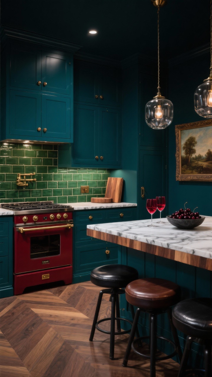 Medium shot, Moody Jewel Box With Luxe Drama: a deep, decadent scene centered on inky teal cabinetry down to the toe kicks, black soapstone countertops veined in chalky white, and a merlot-red range; emerald subway tile backsplash installed vertically; a walnut butcher-block island warms the composition; smoked glass pendant lights casting a sultry glow; burnished bronze knobs and latches, herringbone oak flooring matte-finished, saddle-leather stools with blackened steel legs; styled with deep red wine glasses, a bowl of dark cherries, and a vintage oil painting leaned on the counter; low, moody lighting, photorealistic.