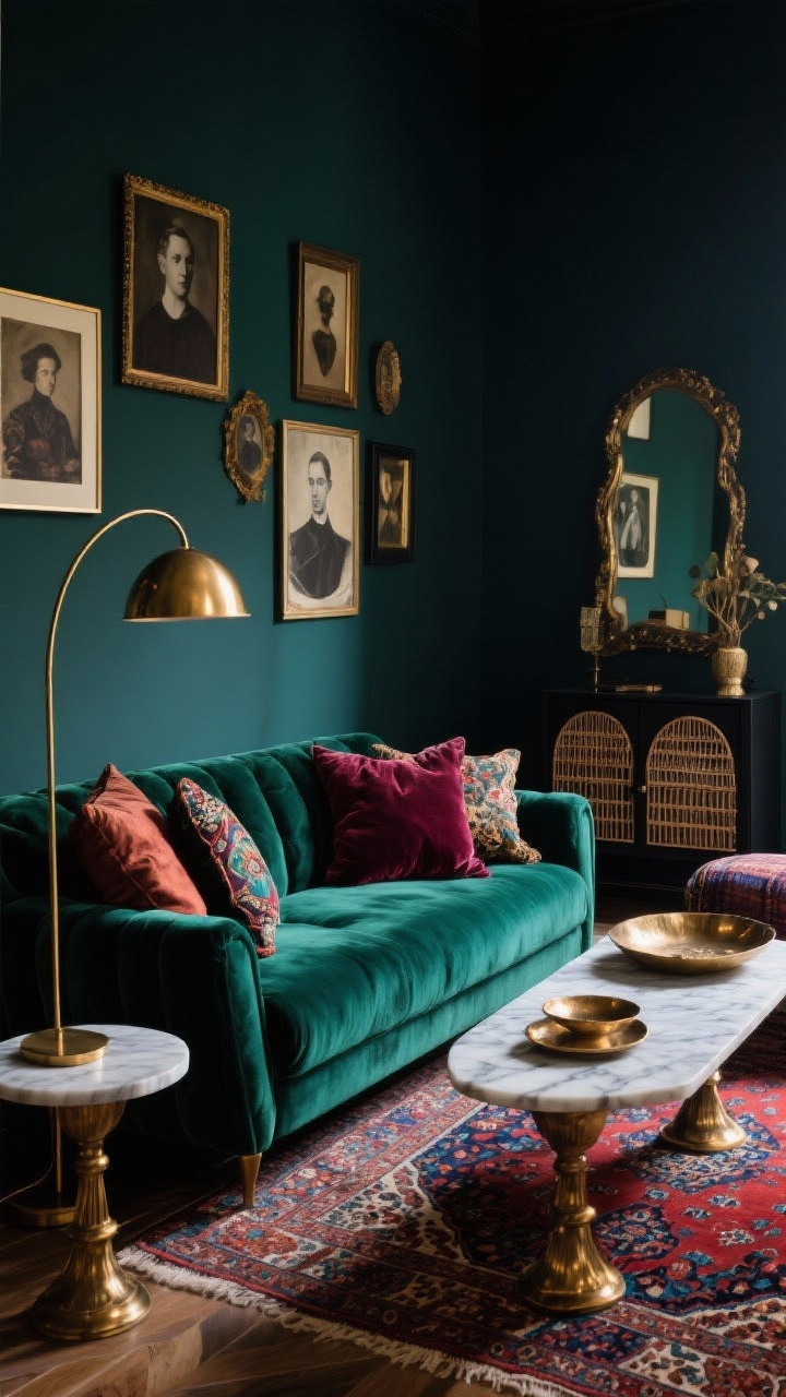Medium shot: Moody jewel-tone boho lounge with inky teal or charcoal green walls, an emerald or garnet velvet sofa piled with velvet, silk, and embroidered cushions, a patterned Persian rug in ruby and sapphire hues, marble-topped side tables with antique brass bases, sleek brass arc floor lamp and hammered brass trays, thin brass-framed mirrors, black-framed cane cabinet for media storage, gallery wall of vintage portraits and moody abstracts; low, dramatic lighting with warm brass highlights, photorealistic.