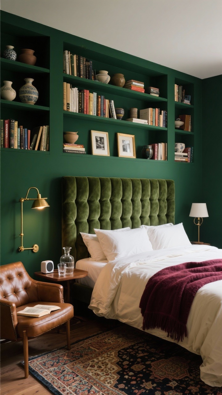 Medium shot, Moody Library Lounge reading wall: saturated forest green walls; tall velvet upholstered headboard anchoring the bed; built-in shelves filled with novels, pottery, and framed photos; vintage Persian rug pattern visible; brass swing-arm sconces casting cozy focused light; tufted leather chair with adjacent floor lamp as a reading spot; bedding with cream high-thread-count sheets, wool throw in deep burgundy folded at the foot; small Bluetooth speaker and glass carafe with tumblers on a side table; intimate, enveloping, photorealistic.