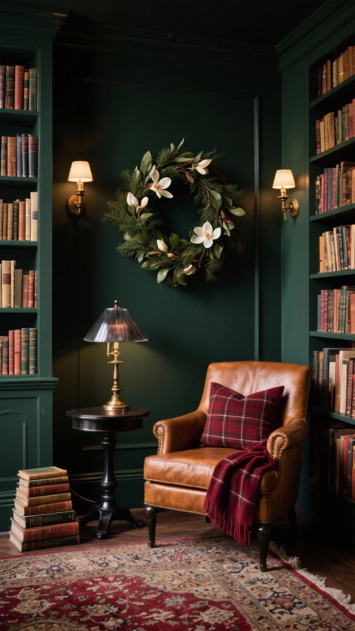 Medium shot, moody library nook: Deep charcoal or forest green walls with filled bookcases lit by library sconces. A cognac leather club chair beside a small blackened bronze side table. Burgundy plaid wool throw and lumbar pillow on the chair. A low, dense wreath of cedar and magnolia leaves hung on the bookcase. Persian-style rug with glints of burgundy threads. Accents include a stack of vintage books tied with a velvet ribbon. A banker’s lamp with a smoky glass shade casting focused, atmospheric light. Photorealistic, no people.