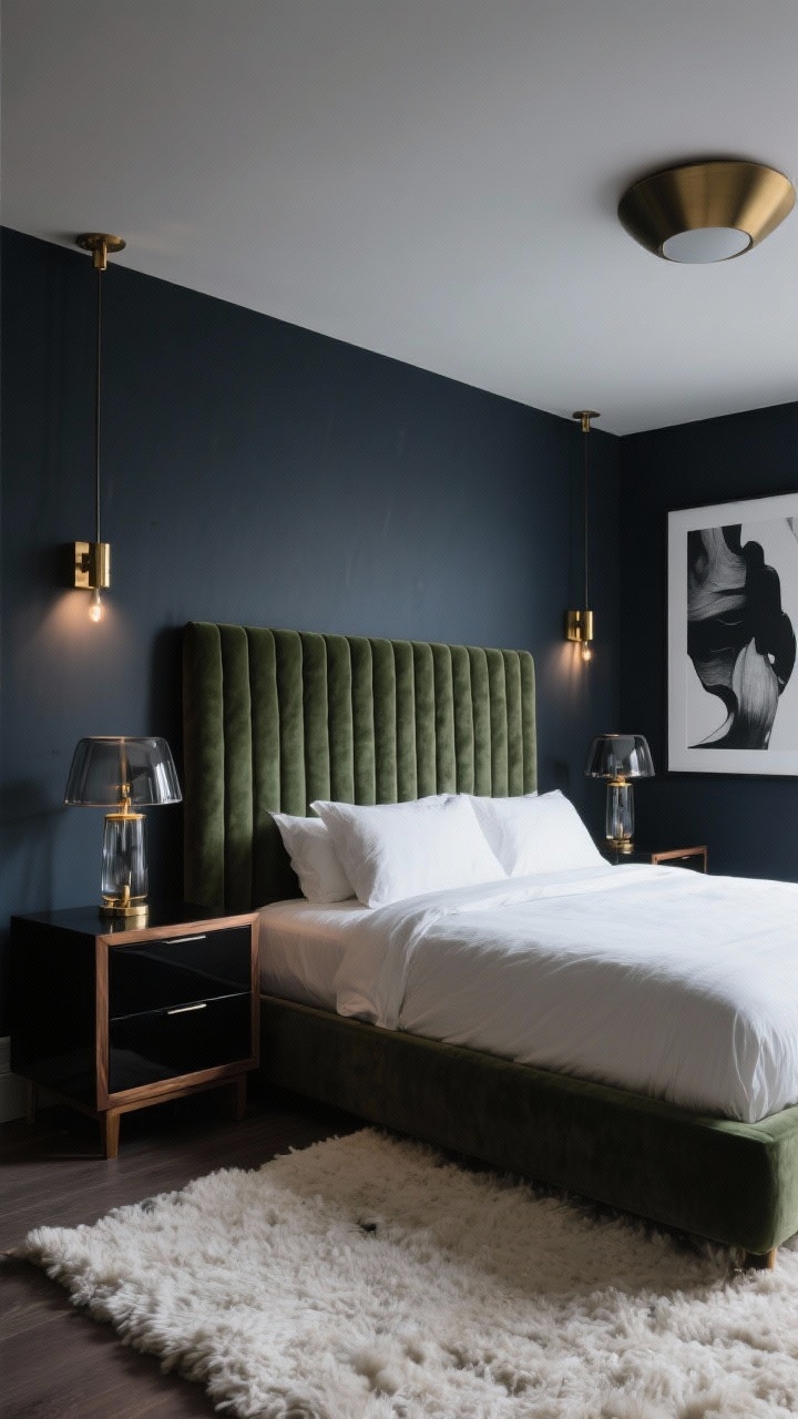 Medium shot — Moody Modern Luxe: Corner angle of a bedroom with rich charcoal walls and a channel-tufted velvet headboard in deep moss, paired with lacquered nightstands and a black oak dresser edge in frame. Smoked glass lamps and brushed brass accents reflect dim, moody light; dimmer-controlled sconces and a sculptural flush-mount ceiling light set a cocooning ambiance. A chunky wool rug in ivory grounds the low-profile platform bed, while oversized abstract art and black-and-white photography punctuate the dark backdrop. Palette: ink blue, charcoal, brass, ivory. Low, cinematic lighting.