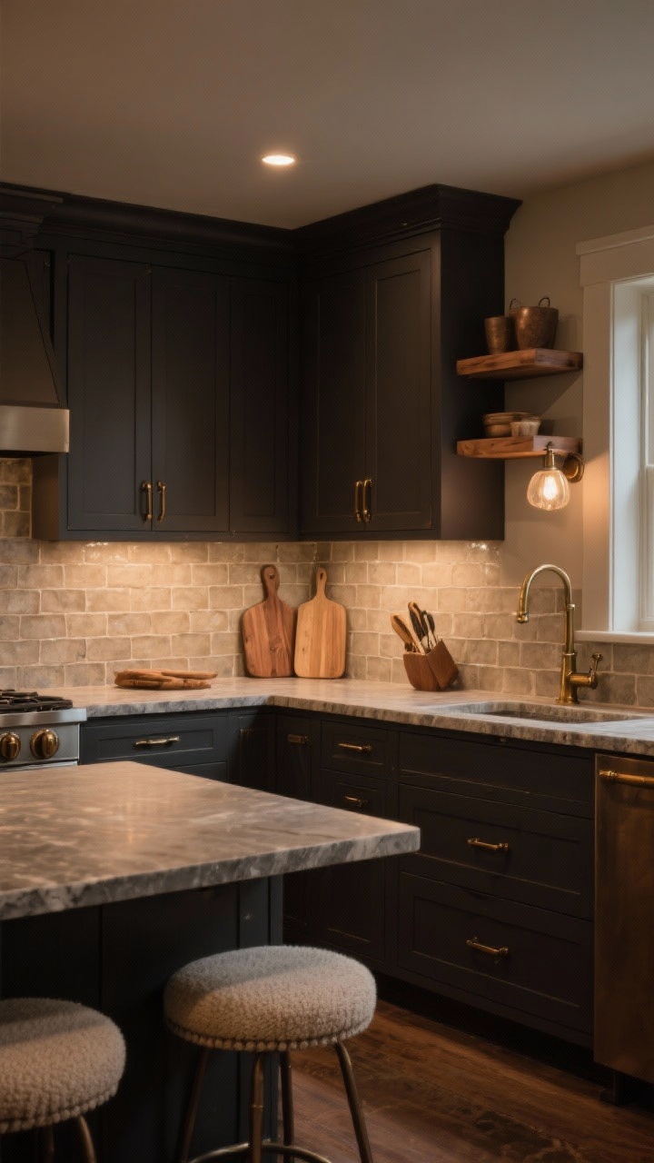 Medium shot: Moody-warm kitchen with lowers in warm charcoal (graphite with brown undertones) and uppers/walls in oatmeal. Oak shelving with cutting boards brings warmth. Soapstone-look quartz countertops add depth. Oatmeal zellige or matte tumbled tile backsplash softens the contrast. Metals in aged brass/antique bronze on pulls and lighting. Upholstered stools in flax/boucle at the island. Cozy, inviting contrast, corner angle, evening ambient light.