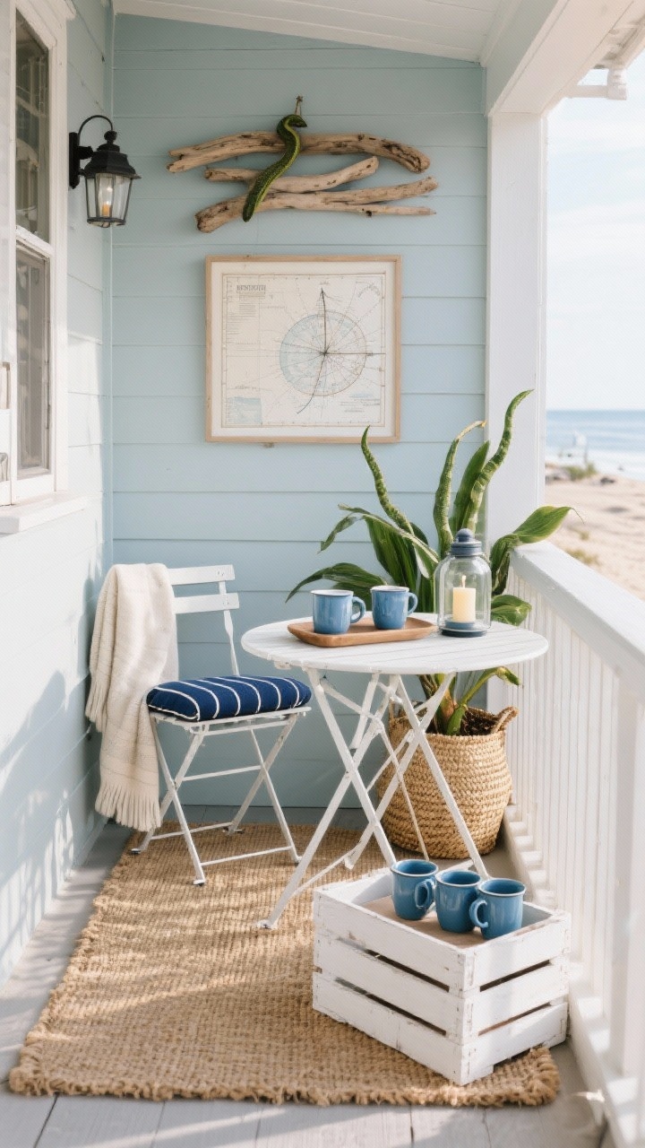 Medium shot, morning light: A compact coastal coffee nook with a crisp navy-and-white scheme. White metal folding bistro set on a small porch, jute rug underfoot, navy striped seat cushion, and a light throw draped on the chair. A whitewashed crate used for storage holds blue enamel mugs on a small tray. A hurricane lantern with a battery candle sits nearby. Seagrass basket planter with a snake plant, and a DIY driftwood wall hanging plus a framed nautical chart on the wall. Breezy, beachy textures, photorealistic.