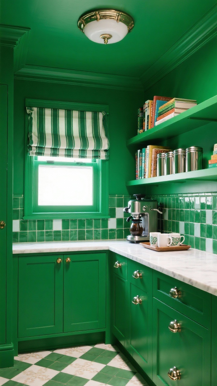 Medium shot of a bold color statement pantry saturated entirely in emerald green—walls, shelves, and ceiling—for a jewel-box effect; polished nickel hardware gleaming; white quartz counter; shelves styled with color-coordinated cookbooks, brushed metal canisters, and a compact espresso station on a tray with mugs; striped roman shade at a small window; art-deco flush mount overhead; checkerboard backsplash tile; patterned peel-and-stick flooring adding playful punch; rich, vibrant lighting, straight-on.