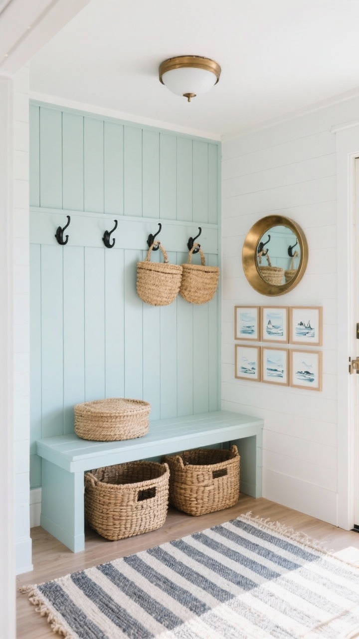 Medium shot of a coastal entry nook, straight-on: floor-to-ceiling board-and-batten wall painted soft seafoam with a built-in style bench featuring a beadboard back and black hooks above. Lidded seagrass baskets tucked under the bench, a striped indoor-outdoor rug underfoot. Rattan semi-flush light overhead. Opposite wall shows a slim console with framed coastal sketches arranged in a neat grid and a round brushed brass mirror reflecting light. Bright, airy coastal feel; photorealistic.