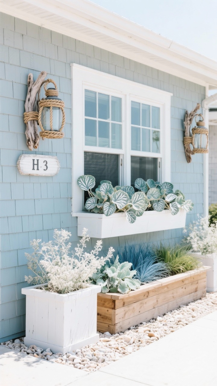 Medium shot of a coastal facade vignette: light weathered gray or soft blue siding, rope-wrapped lanterns, and a driftwood house number plaque; whitewashed planters and a raised cedar bed under a front window filled with Heuchera types with silvery veining (Seafoam look), blue fescue, and airy white gaura; crushed shell path or pale gravel foreground; palette of soft blue, sea-glass green, silver, and white; breezy, beachy vibe; bright but diffused seaside light; photorealistic texture on driftwood and rope.