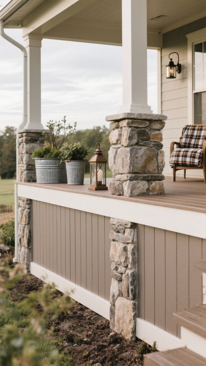 Medium shot of a farmhouse-ranch deck base wrapped in vertical board-and-batten skirting painted weathered taupe, with slim battens adding texture. Faux stacked stone corner pillars anchor the edges; a simple top cap ties it together. Decor around the deck includes galvanized metal planters, iron lanterns, and a folded plaid throw on a nearby chair. Color palette: warm taupe, cream, soft gray, aged bronze. Soft overcast lighting for a cozy, custom-built feel.