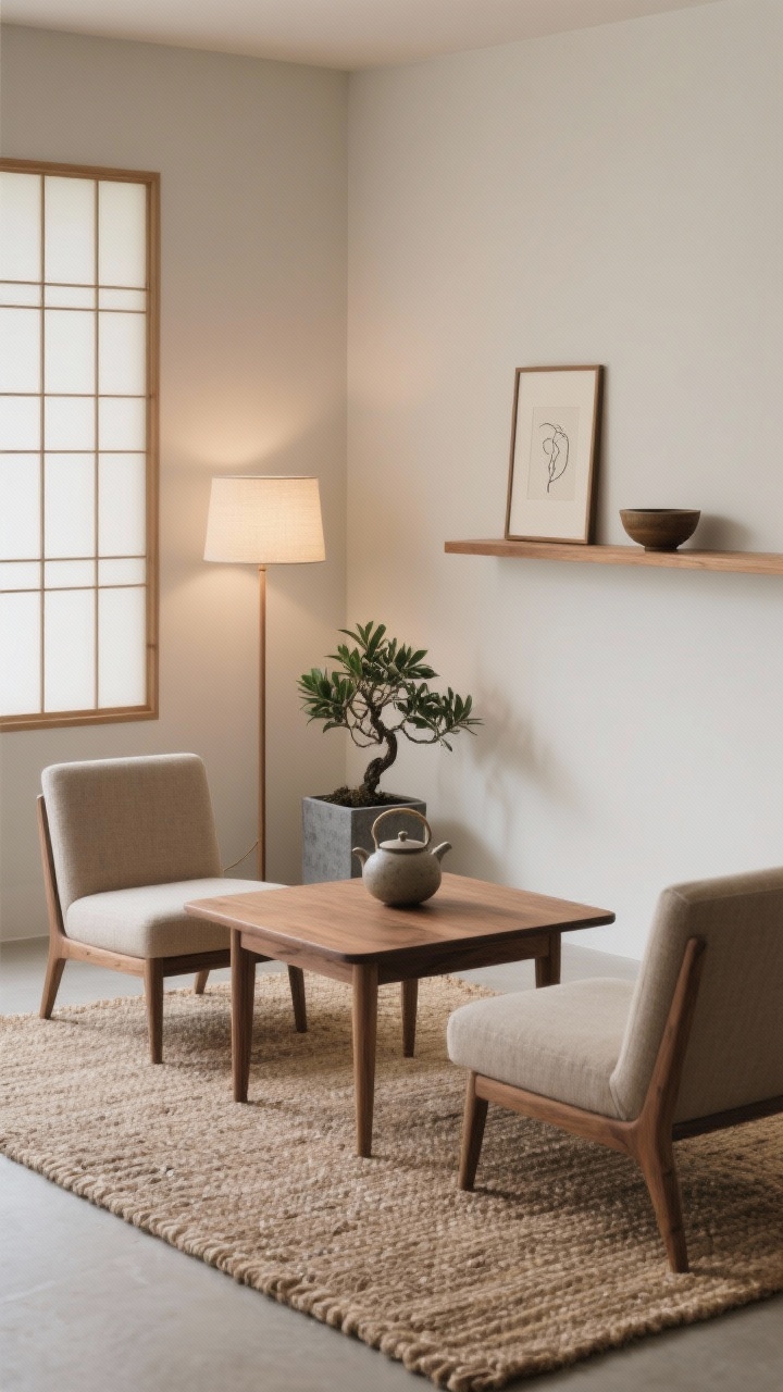 Medium shot of a Japandi tea corner captured from a slight corner angle: natural jute rug, low ash wood table centered with two armless chairs in neutral upholstery; grounded palette of mushroom, sand, and charcoal. On the table, a stoneware teapot. Soft, diffuse glow from a shoji-style floor lamp. On the wall, a floating oak ledge shelf holding one ceramic bowl and a framed line drawing. A bonsai or ZZ plant in a concrete planter anchors the scene. Calm, intentional, minimalist sanctuary.