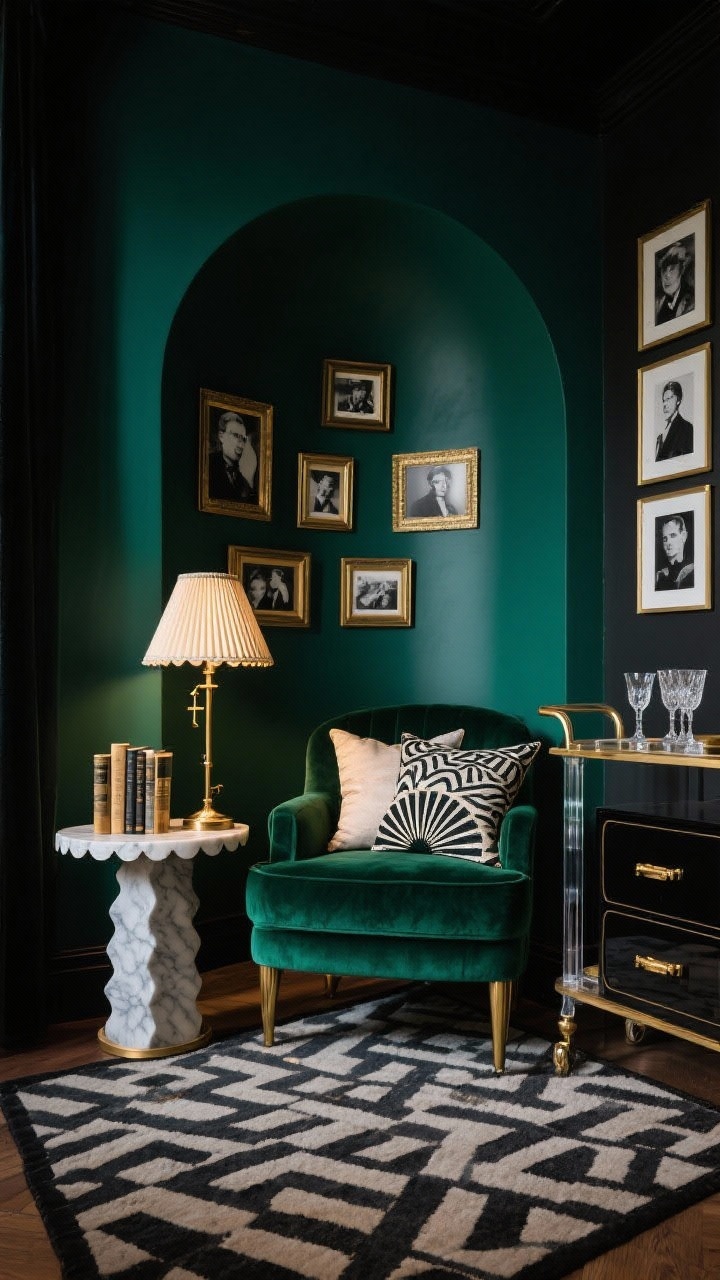 Medium shot of a moody Art Deco reading nook: a painted wall arch in deep emerald behind a plush velvet chair; scalloped-edge side table with marble bookends and a pleated lamp shade; brass pharmacy lamp casting warm directional light; geometric rug underfoot; fan-patterned pillows on the chair; gallery of black-and-white portraits in thin gold frames arranged around the arch; subtle brass and black accents, lucite-and-brass drawer pulls on a nearby cabinet; a small bar cart with crystal coupes tucked to the side; rich jewel tones, photorealistic, dramatic ambiance.