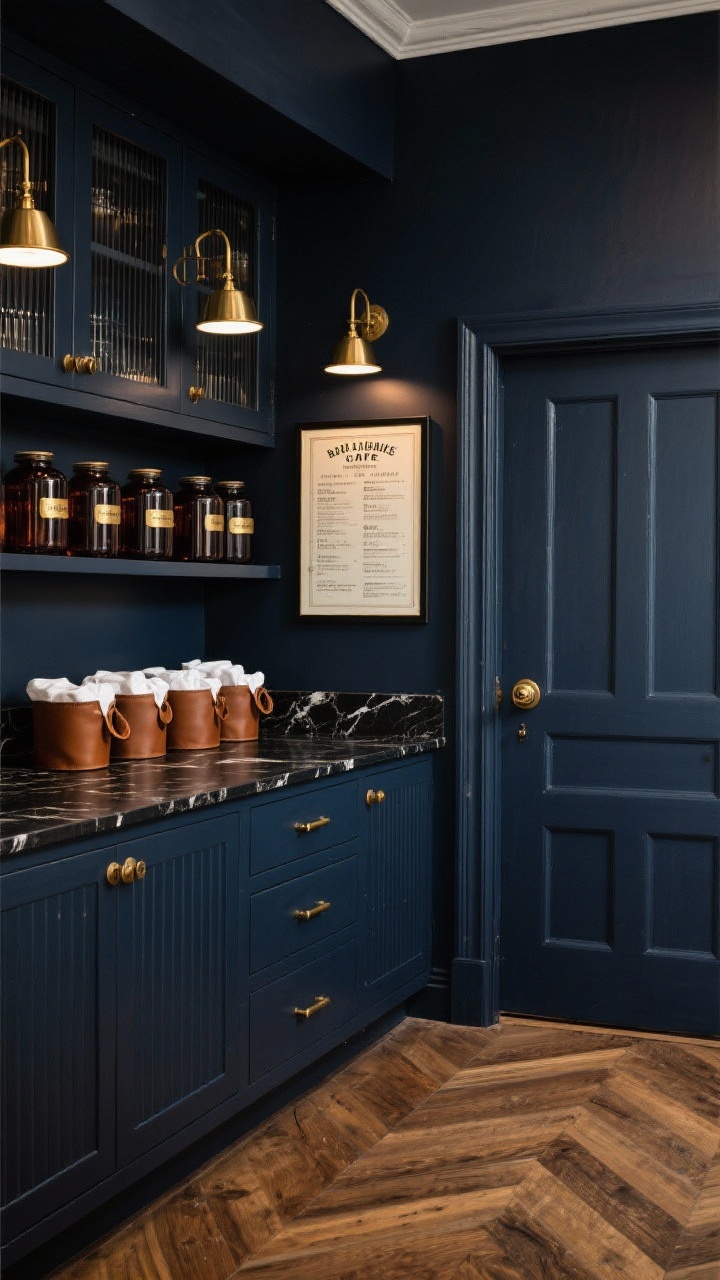 Medium shot of a moody bistro pantry with deep inky navy built-ins and walls, brass library lights mounted above shelves, black marble-look laminate counters, and ribbed glass cabinet doors; shelves styled with dark amber glass jars labeled in brass and leather-handled bins for linens; herringbone wood floor underfoot; aged brass bar pulls on cabinetry; a framed vintage menu as the focal point; full-height shaker door with antique brass knob at the edge of frame; dramatic, shadowed café ambiance, angled corner perspective.
