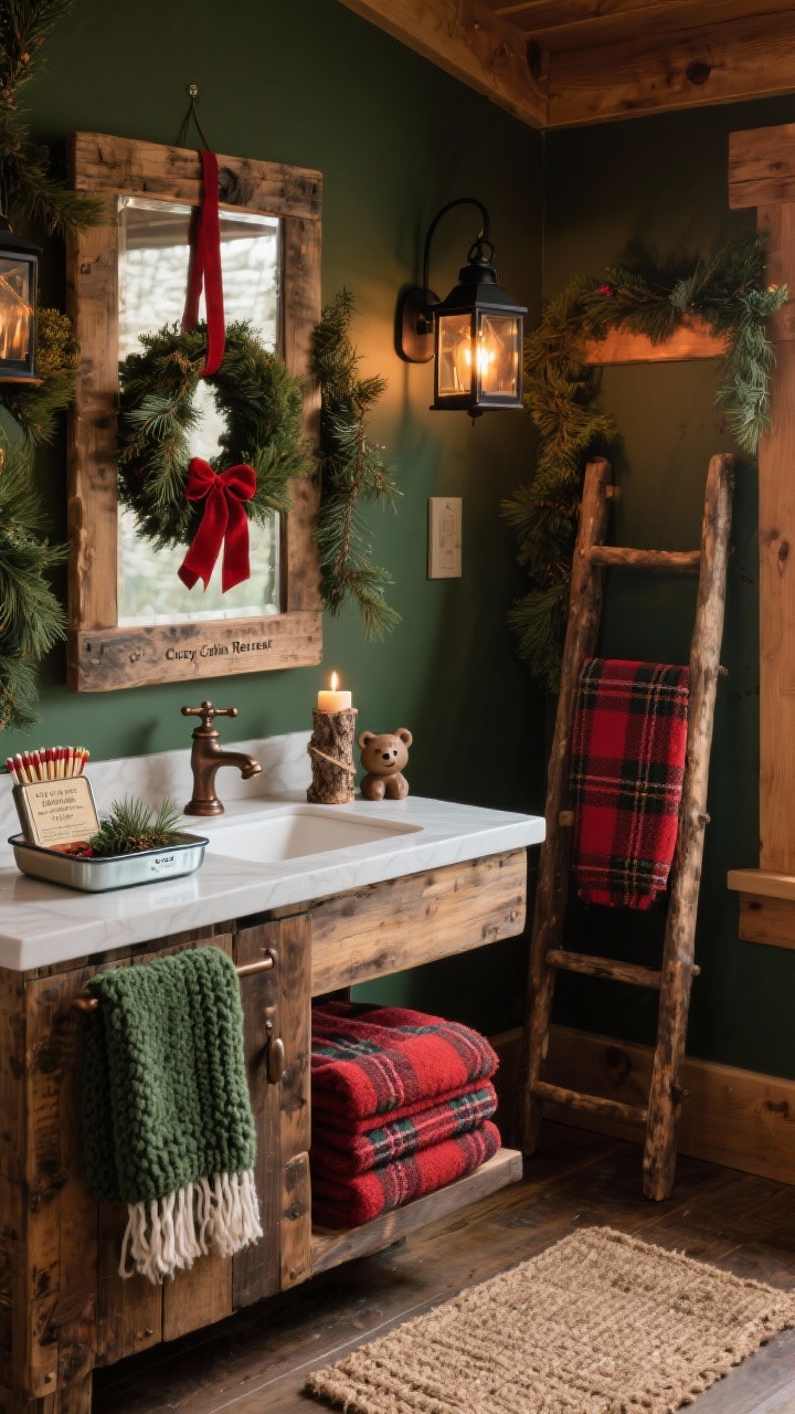 Medium shot of a rustic “Cozy Cabin Retreat” vanity corner: reclaimed wood vanity with oil-rubbed bronze fixtures, ladder towel rack with a chunky knit throw, buffalo check towels, and a jute bath mat partially in frame. Christmas layers: plaid accents, cedar garlands, and black metal lanterns with warm candle glow. A small balsam wreath hung on the mirror with a red velvet ribbon. On the counter, an enamelware tray holding a tin of pine-scented matches, a bark-wrapped candle, and a small ceramic bear figurine. Deep green, cranberry red, and walnut tones dominate. Warm, low ambient lighting. Angled corner perspective.