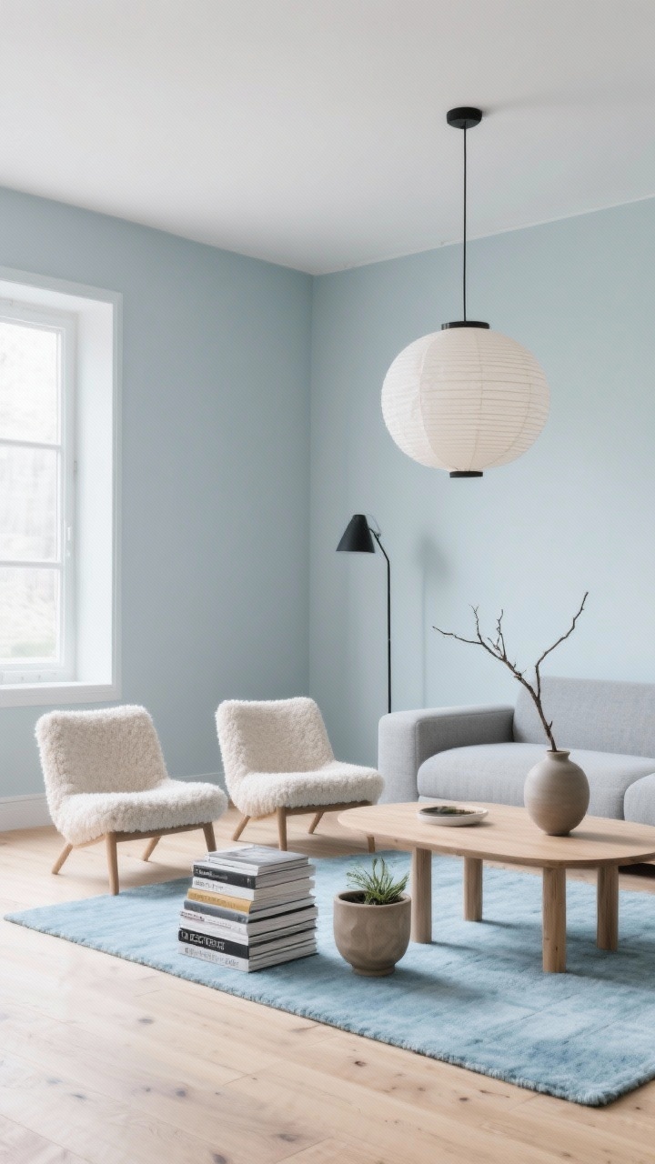 Medium shot of a Scandinavian minimalist seating area: muted pale blue-gray walls meeting blonde oak floors; a streamlined stone-colored sectional with a low birch coffee table; pair of light boucle lounge chairs; a powder-blue wool rug underfoot; ceramic planters, stacks of design books, and a single branch in a matte ceramic vase; paper lantern pendant overhead with a slender matte-black floor lamp; soft, diffuse daylight for a calm, intentional feel; photorealistic.