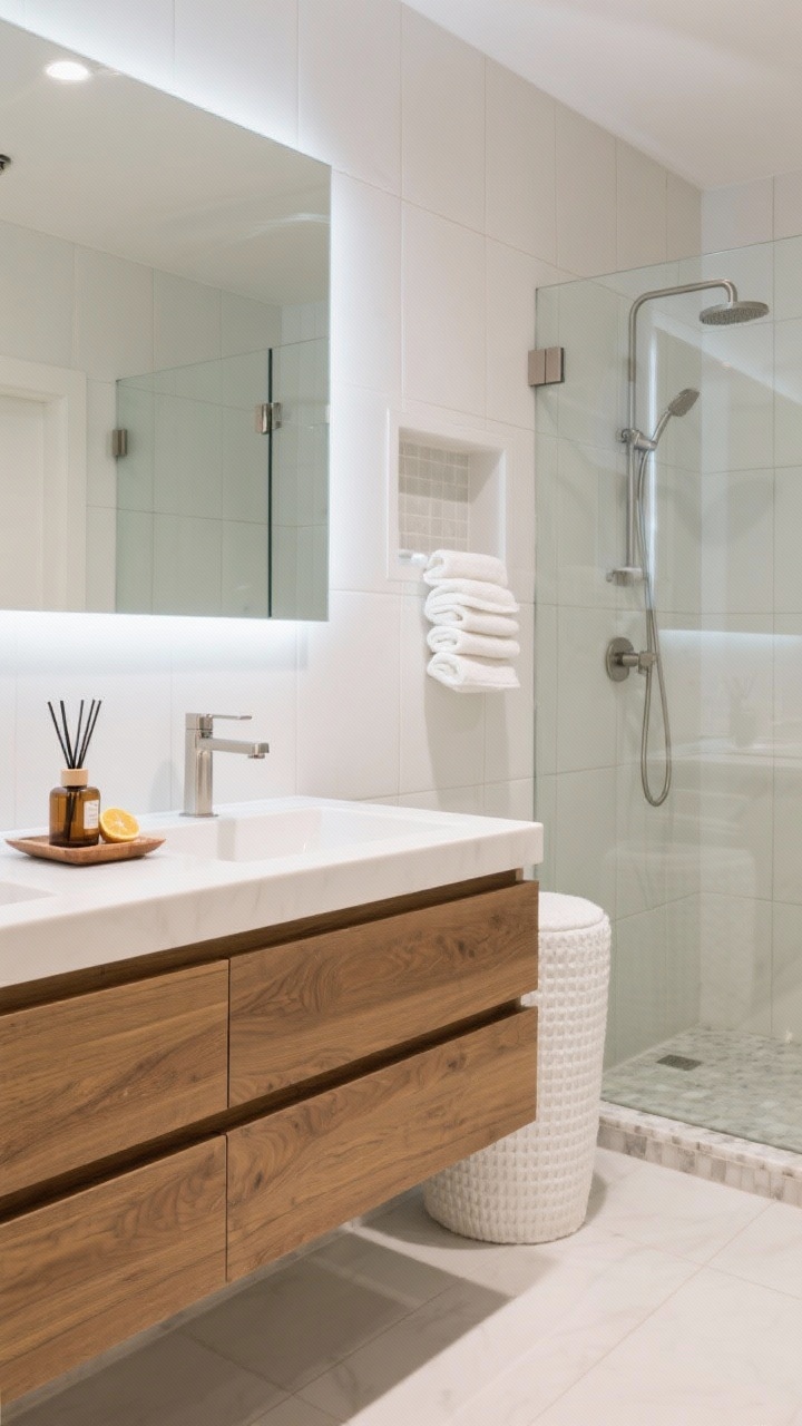 Medium shot of a spa-like bathroom, straight-on: floating rift oak vanity with slab-front drawers, backlit anti-fog mirror above. Large-format porcelain tile runs from floor up the shower walls with minimal grout lines, and a frameless glass panel defines the shower. Brushed nickel fixtures throughout. Built-in shower niche with quartz sill, a tall linen tower near the vanity. Bright white waffle-weave towels neatly stacked; a cedar and citrus diffuser on a vanity tray. Clean, hotel-polished lighting; photorealistic.