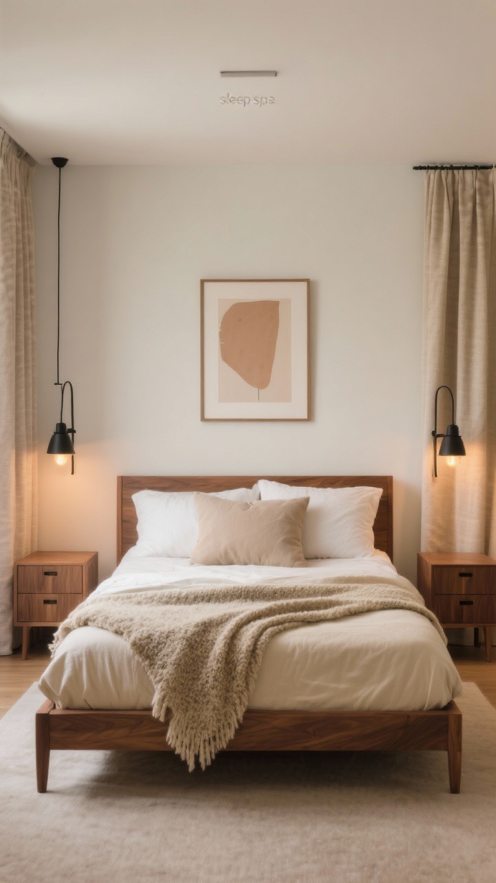 Medium shot of a Warm Minimal Bedroom Retreat from a straight-on view of the bed: low walnut bed frame layered with cream linen bedding, a wool bouclé throw for texture, and two plump euro pillows. Slim walnut cube nightstands with single drawers on each side. Matte black swing-arm sconces with warm LED bulbs flank the bed; overhead lighting minimal and unobtrusive. A single framed abstract in gentle earth tones above the headboard. Oatmeal cotton blackout curtains complete the cozy, cocoon-like “sleep spa” mood.