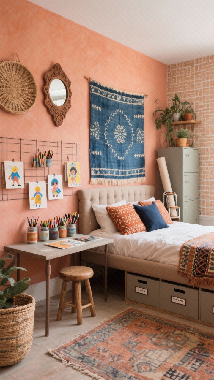 Medium shot of art zone, Art Studio Boho: terracotta walls with a soft blush undertone; an indigo-dyed tapestry used as a headboard behind an upholstered bed in stain-resistant linen layered with patterned pillows in clay, ochre, and midnight blue; a low art table with stools set up beside a wire gallery hanging system displaying rotating kids’ artwork; a washable vintage-look rug on the floor; storage includes flat files under the bed, labeled jars for brushes and markers on the table, and a tall cabinet for supplies; decor shows a woven wall basket, a carved wood mirror, and a plant shelf with hardy greenery; peel-and-stick backsplash panels by the art zone and a rolled-up mobile drop cloth on a cart; warm, diffuse light; photorealistic, no people.