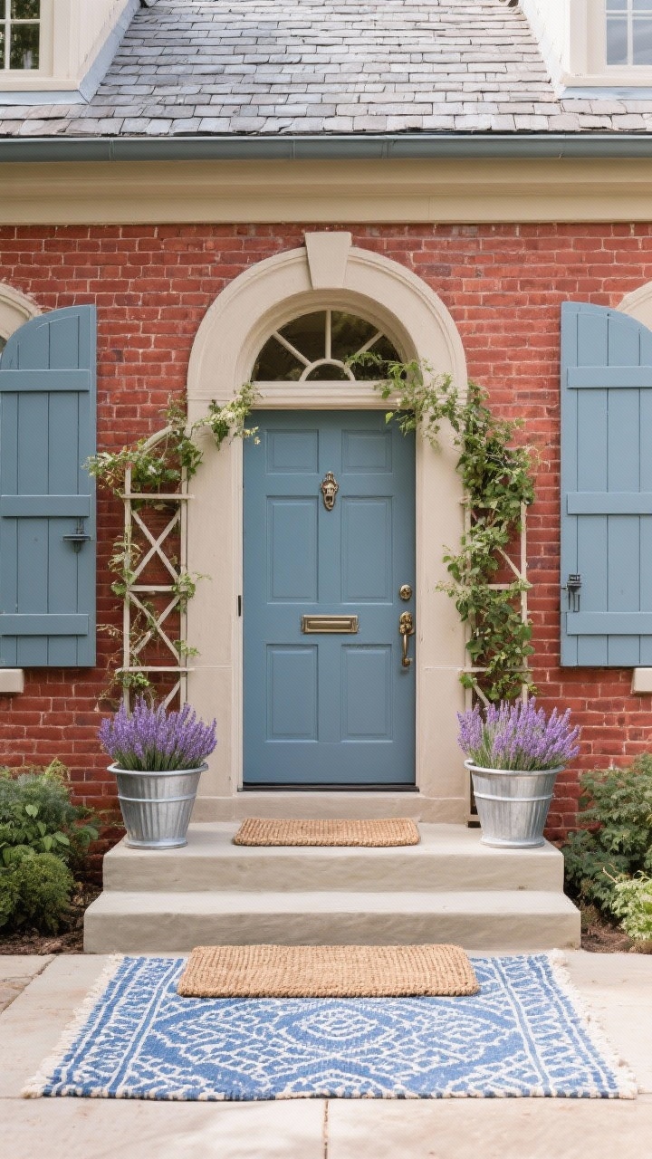 Medium shot of entry on a red brick facade with soft taupe trim, a dusty blue door (slate-blue nuance), and antiqued nickel door hardware. Optional slate-blue shutters partially visible. Accents include a galvanized planter, lavender-filled urns flanking the steps, an arched trellis with climbing greenery, and a woven mat layered under a blue patterned outdoor rug. Light is soft and airy, evoking romantic, old-world European charm; roofline hints at a medium gray/weathered slate roof.