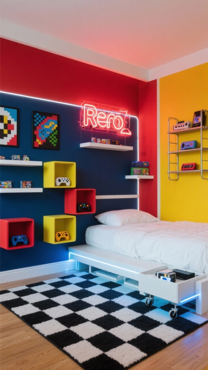 Medium shot of gaming wall, Retro Arcade Remix: color-blocked walls in matte navy, cherry red, and sunny yellow with crisp white borders; a low modern white bed beside a bold black-and-white checkerboard rug; LED light strips under floating shelves and framing a gaming corner glow; a playful neon sign above the bed; storage with modular cube shelving using colored bins for games and controllers and a slide-out cart for devices; decor includes pixel art prints, a marquee-style letter, and metal shelves displaying retro handheld consoles; balanced ambient LED lighting with pops of saturated color; photorealistic, no people.