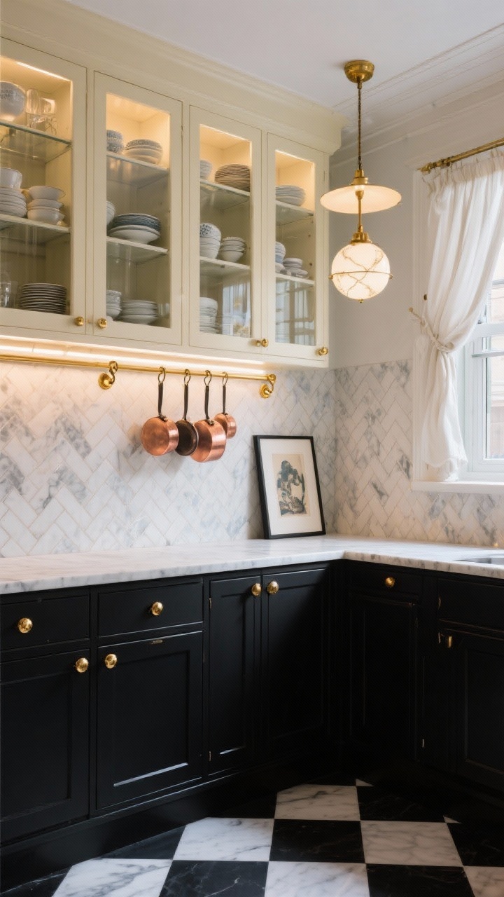 Medium shot, Parisian bistro corner: ink-black base cabinets with polished brass knobs, cream upper cabinets with glass fronts displaying neatly arranged dishes, marble countertops, marble herringbone backsplash, globe pendants with brass stems above, checkerboard floor in black and white, a brass rail with S-hooks holding copper pans, strip lighting glowing inside the glass uppers, café curtains at a window, a framed art print propped on the counter; elegant, timeless mood, angled perspective, photorealistic.