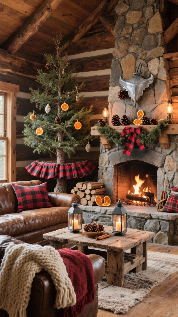 Medium shot: Rustic cabin hearth room with a natural-looking tree beside a stone fireplace. Decorations feature wood, felt, and galvanized metal ornaments; plaid ribbon garland; pinecones, dried orange slices, and cinnamon sticks. Color palette: red, charcoal, cream, and pine. A buffalo check tree skirt anchors the base. Include a leather sofa draped with chunky knit throws, reclaimed wood coffee table, lanterns with pillar candles, plaid pillows, and stacked firewood. Warm, cozy lighting from the fire and warm bulbs, photorealistic, slightly low angle to emphasize textures.