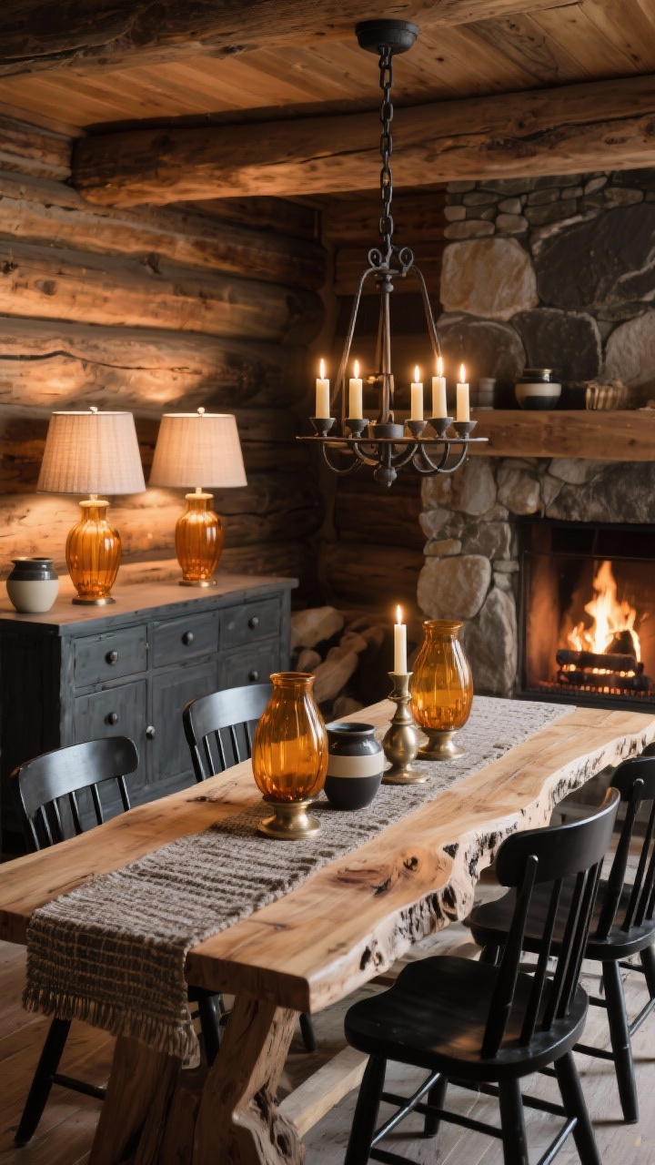 Medium shot, Rustic Chalet Dining: live-edge wood dining table with a textured runner, black Windsor chairs, sideboard holding a paired set of amber glass table lamps with tapered linen shades casting honeyed light over stoneware in charcoal and cream, dimmed forged-iron pendant overhead, candle-style LED tapers lit on the table, warm metallics and amber tones creating fireside ambiance, photorealistic.