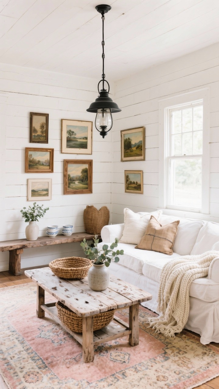 Medium shot, Rustic White Farmhouse vignette: warm white shiplap walls behind a slipcovered white sofa piled with cream knit throws and grain sack pillows; distressed pine coffee table with visible scuffs; vintage Persian rug faded to blush and sand underfoot; black metal lantern chandelier above; long antique bench under a window with soft light; crockery vases with eucalyptus and woven baskets for throws; gallery wall of vintage oil landscapes in mismatched frames; palette of warm white, caramel wood, muted blush; cozy, timeworn mood; photorealistic, no people.