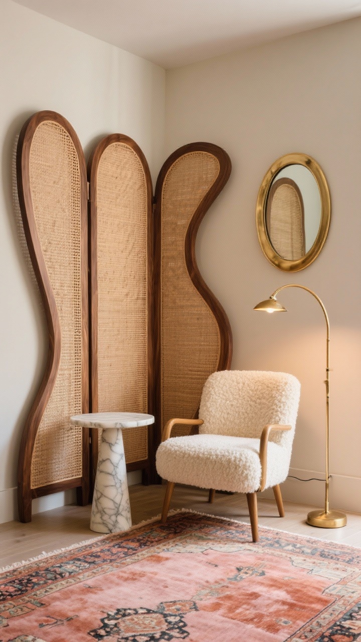 Medium shot, sculptural three-panel curved cane room screen edged in walnut forming a gentle S-curve to zone a reading nook; styled with a cream bouclé lounge chair, petite marble pedestal table, and an arched brass floor lamp; layered vintage Turkish rug in muted blush and rust; a round mirror with a thin brass frame reflects light; palette walnut, cream, blush, rust, antique brass; textures cane, bouclé, marble, aged metal; warm ambient lighting with soft highlights on textures; corner angle, photorealistic.