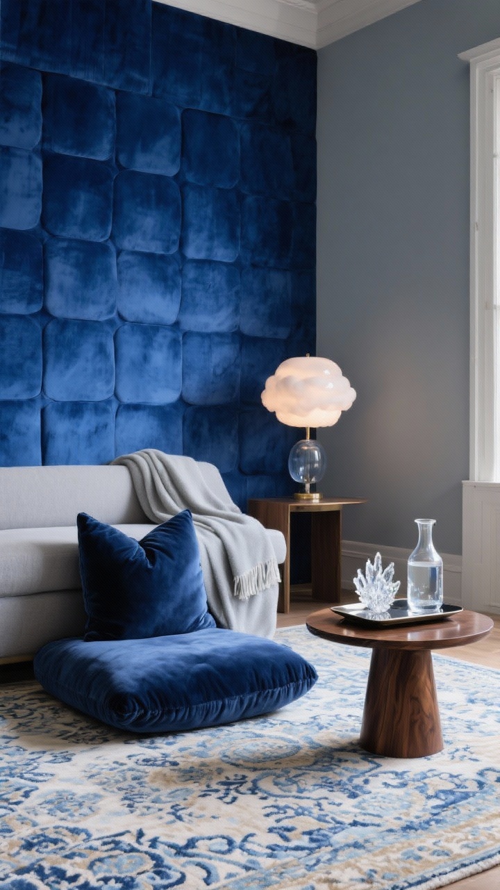 Medium shot: Serene sapphire sanctuary with a rich sapphire blue accent wall, layered plush textures—midnight velvet meditation cushion set centered on a softly patterned Persian-style rug in blues and creams, a dove-gray throw draped nearby, and a low walnut side table; an opal glass globe lamp casts diffuse, cloudlike light; on a small lacquered tray sit a crystal cluster and a water carafe; tones of sapphire, soft gray, and warm walnut; spa-like calm, photorealistic, no people.