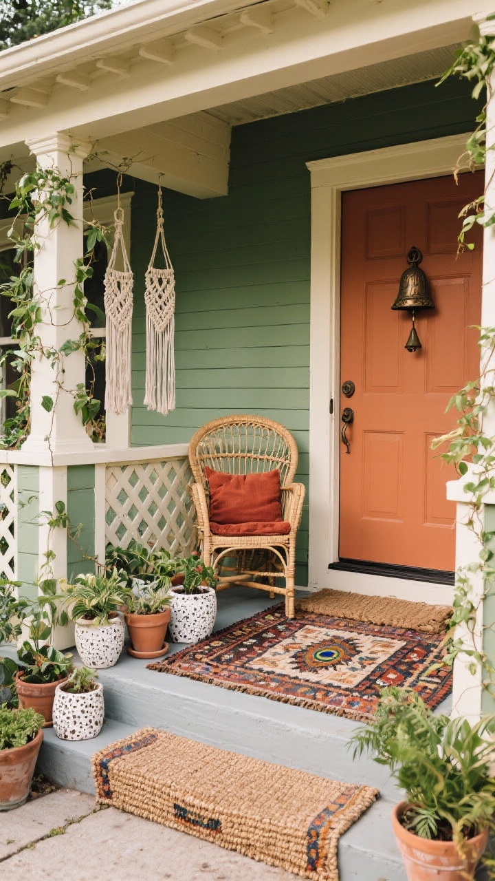 Medium shot, slightly angled front porch for Botanical Boho Welcome: sage green exterior with cream trim, terracotta door, cream-painted lattice skirting with trailing vines. Rattan peacock chair with rust-colored cushion, mixed ceramic planters in speckled white and clay tones clustered on the steps, macramé plant hangers swaying, patterned outdoor kilim rug at the threshold, woven door mat layered beneath, a quirky bell chime by the door; lush, textured, boho and inviting.