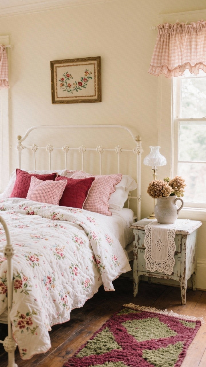 Medium shot, slightly elevated angle: Cottagecore bedroom with buttercream walls and a white-painted iron bed piled high with a microfloral duvet and quilted shams in cranberry and blush, mixing petite checks and ditsy florals. A chippy vintage nightstand with a lace-trim runner and milk-glass bedside lamp. Above the bed, a framed needlepoint. Ruffled café curtains in soft gingham filter daylight. Hooked wool rug in berry and moss tones on the floor, and a stoneware pitcher filled with dried hydrangeas on the nightstand. Soft, nostalgic morning light.