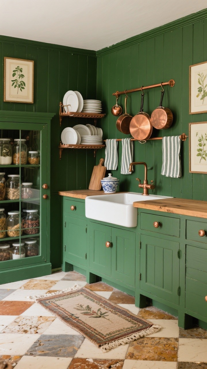 Medium shot, slightly low angle: An English pantry-style kitchen painted deep herbaceous green with mushroom-knob hardware. Checkerboard floors in warm stone and cream ground the space. A wall-mounted plate rack holds stacked white plates; nearby, a glass-front larder cupboard reveals neatly organized pantry jars. A freestanding butcher’s block with a ceramic prep sink sits center, with a copper rail above holding hanging pots that glint warmly. A vintage runner adds patina; framed botanical prints and ticking stripe tea towels finish the scene. Rich, rooted atmosphere, photorealistic.
