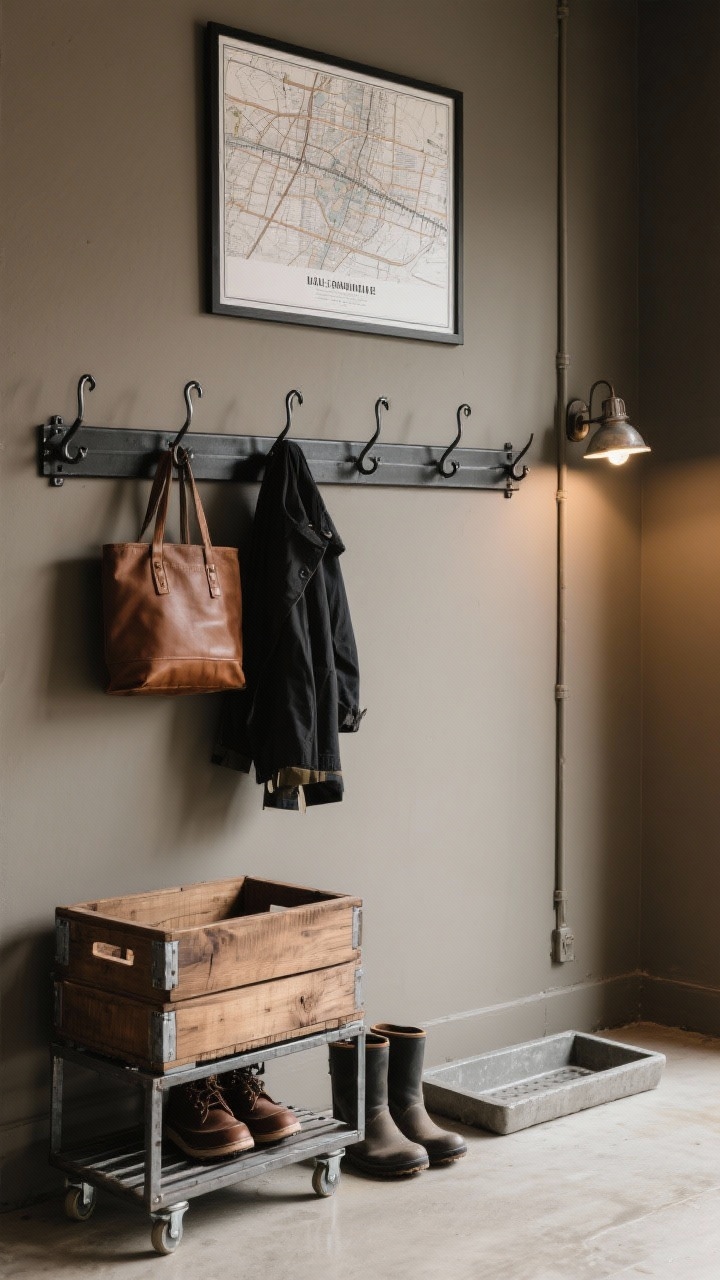 Medium shot, slightly low angle, of an industrial rail and crate station: a black steel wall rail with sliding S-hooks holding coats and totes against warm gray walls; two stained walnut wood crates on casters stacked below for shoes; a metal-framed map or transit print hung above the rail; a concrete-look boot tray on the floor and a slim vintage-style factory sconce providing functional, directional light; subtle grit, workshop-cool aesthetic.