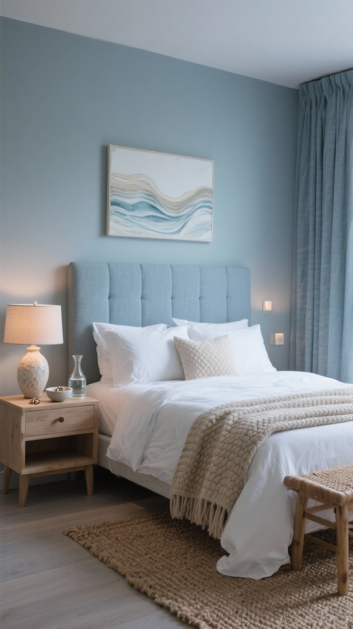 Medium shot, Soft Coastal Recovery Bedroom: Misty blue-gray walls behind a padded linen headboard. The bed dressed in shell-white percale sheets, a lofty duvet, and a dune-colored waffle blanket folded at the foot. Light wood nightstands with a single ceramic lamp, a small bowl for rings, and a glass carafe of water. A woven bench at the foot, jute rug underfoot, abstract wave art above the bed. Lighting: bedside dimmers with blackout linen curtains slightly drawn. Palette: mist blue, dune, shell white, driftwood. Photorealistic, calm evening light.