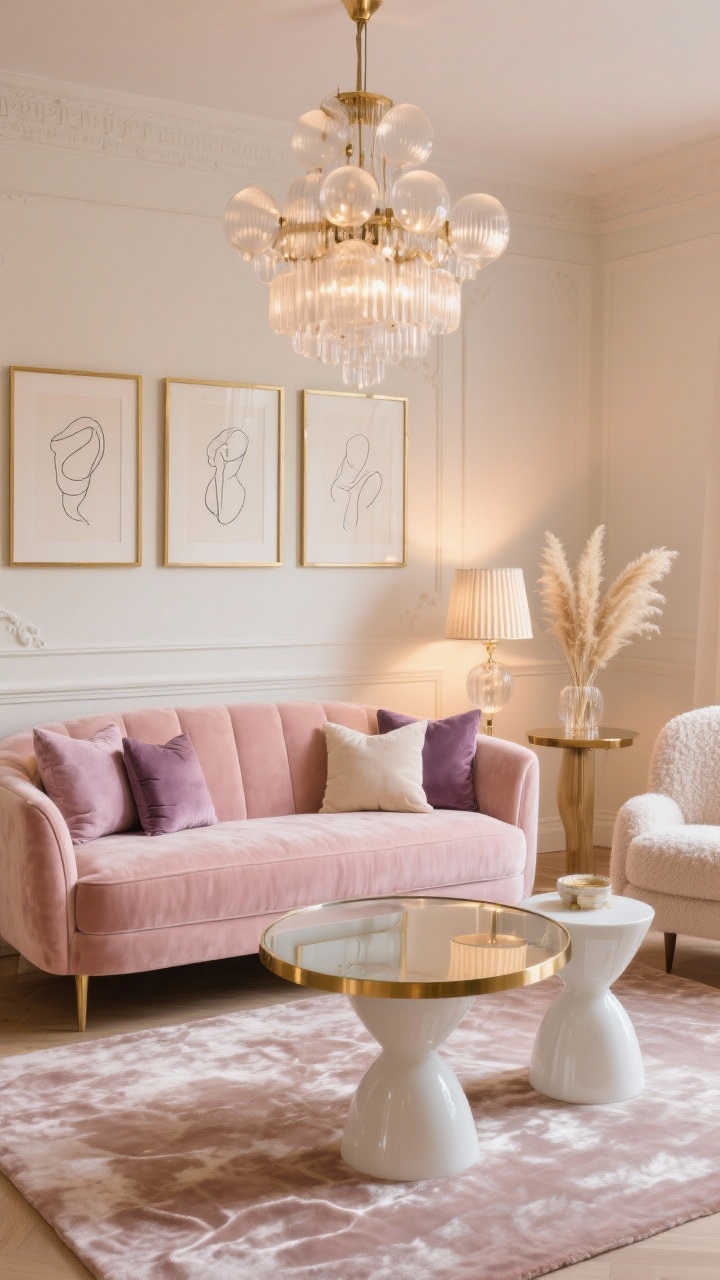 Medium shot, soft glam focus: A plush blush velvet sofa glowing under warm lighting, creamy walls with delicate molding. Silk-blend rug with a slight shimmer beneath a round brass-and-glass coffee table; two sculptural white lacquer side tables. Throw pillows in mauve, oyster, and dusty plum. Trio of minimalist line drawings in thin brass frames above. Fluted glass lamps, a boucle accent chair nearby, and a pampas grass arrangement on a pedestal. Cascading chandelier with frosted globes casting a soft, romantic glow. Photorealistic, no people.