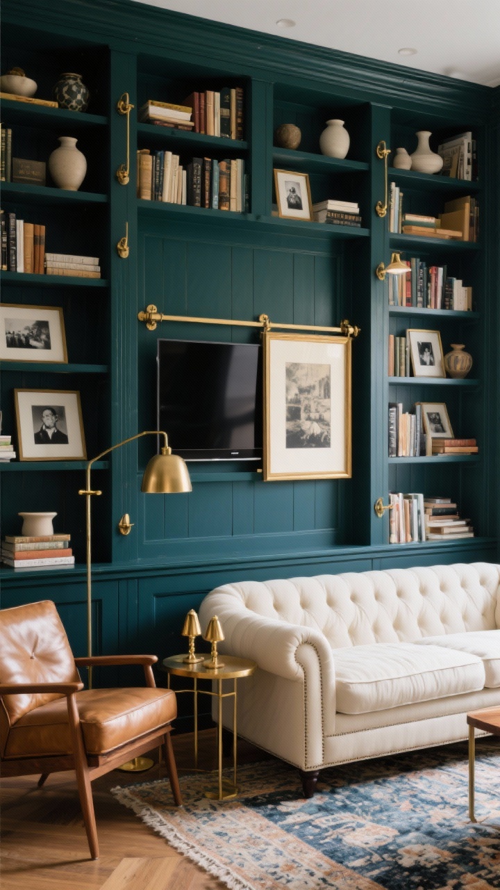 Medium shot, straight-on: A full library wall in deep navy (or forest green) built-ins with brass hardware, surrounding a TV concealed by a large framed sliding art panel on a discreet track; the panel is partly slid to reveal the screen. Shelves styled with a curated mix of books and neutral pottery. Furniture includes a cream chesterfield or tailored track-arm sofa and a leather club chair with wood-and-brass side tables. Picture lights above the shelves and a brass floor lamp. Decor: layered rugs, framed black-and-white photos, vintage bookends. Classic, cozy, reveal moment.