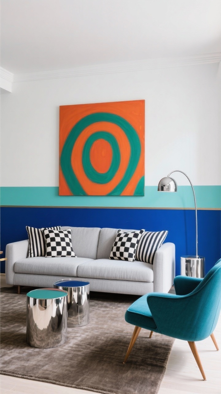 Medium shot, straight-on: A two-tone color block wall where the bottom two-thirds is painted cobalt (or persimmon/emerald) and the top third is crisp white, divided by a thin contrasting stripe. A single oversized modern art piece riffing on the palette hangs centered. Sleek gray or white sofa grounds the color; mid-century accent chairs in a complementary shade. Graphic pillows in checkerboard, stripes, or dots. Rug is solid wool in a muted tone. Chrome arc floor lamp curves over the seating; glossy lacquer side tables reflect light. Editorial, energetic boutique-hotel vibe, no people.