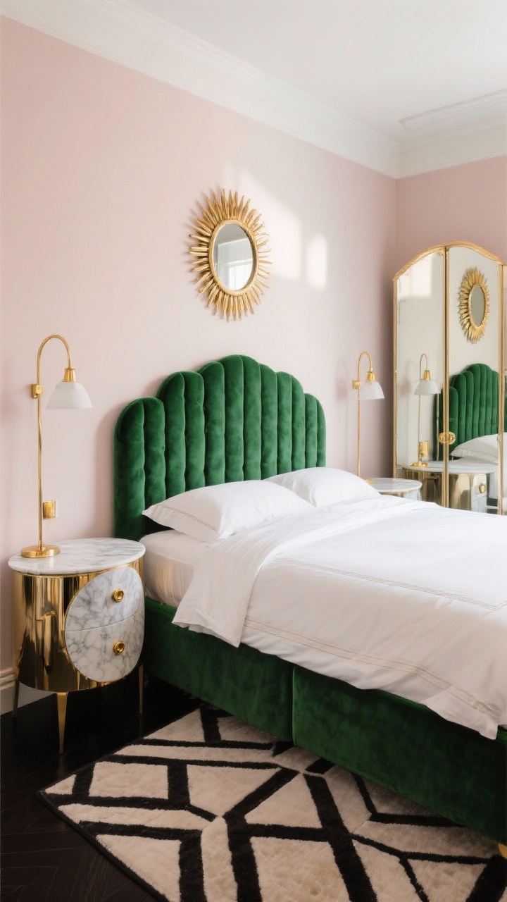 Medium shot, straight-on: Art Deco glam corner with a scalloped channel-tufted velvet headboard in emerald, crisp ivory bedding, and symmetrical demi-lune nightstands with marble tops and gold hardware. A mirrored armoire reflects light, a round sunburst mirror hangs above, and a geometric rug anchors the scene. Palette of emerald, blush, ivory, black, and gold; soft, glamorous lighting with subtle highlights on metallic and marble surfaces.