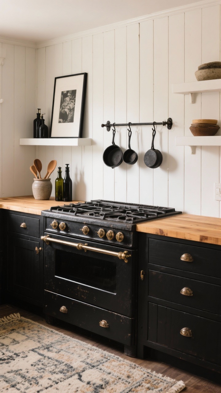 Medium shot, straight-on: Black-and-butcher block cottage vignette featuring ink-black lower cabinets with warm honey butcher block counters. White open upper shelves sit against a classic white beadboard or vertical shiplap backsplash. A rugged cast-iron range anchors the center; iron hooks and a simple pot rack hold cookware. Styling includes black-framed prints, dark glass oil bottles, a stoneware crock with wooden spoons, and a faded vintage rug. Soft ambient light with subtle shadows, palette of soft black, creamy white, honey wood, and iron, photorealistic.
