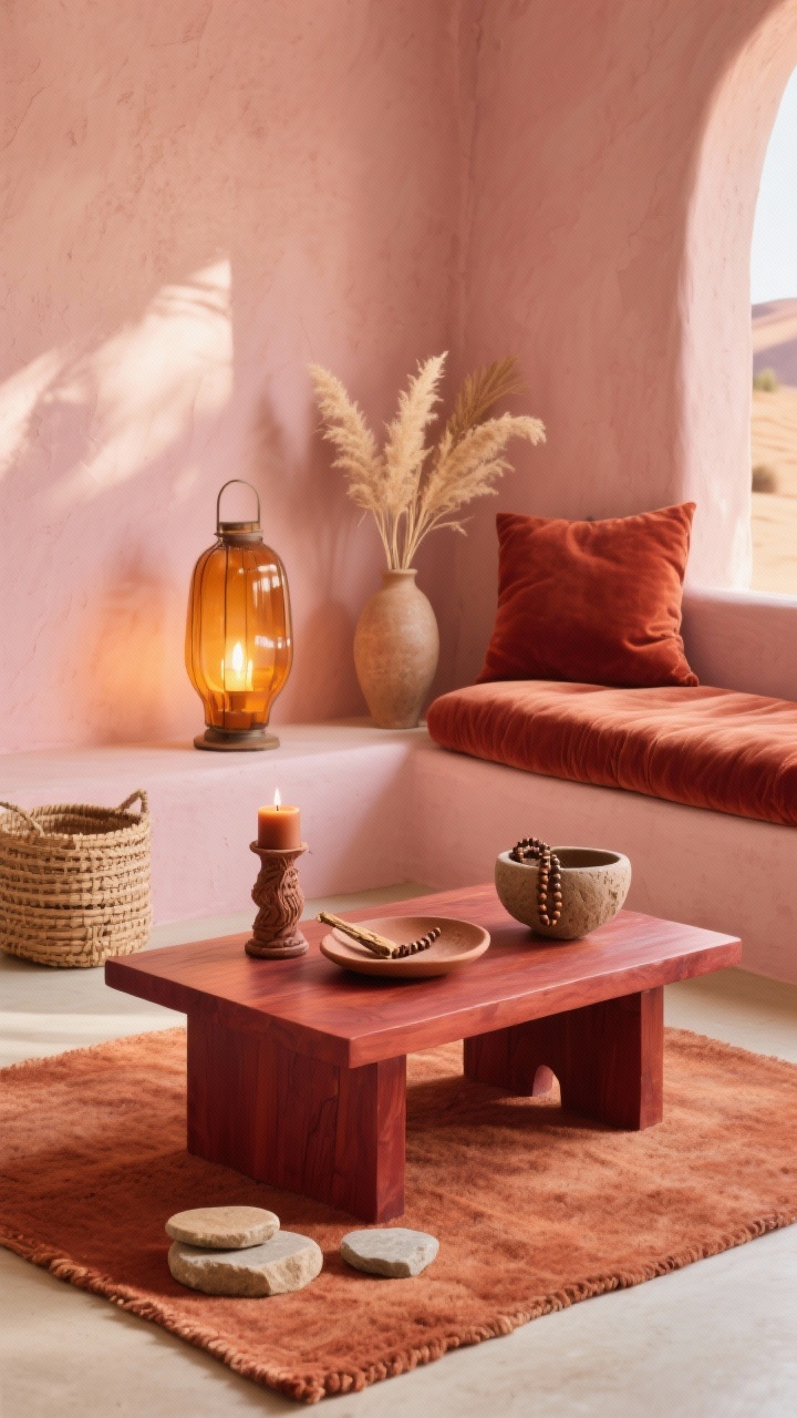 Medium shot, straight-on: Desert Zen sanctuary featuring a reddish cedar meditation table on a low terracotta wool rug, clay pink limewashed walls, amber glass lantern emitting a soft glowy grounding light, tabletop styled with a textured clay tray for palo santo, a handmade candle in burnt sienna, and a sculptural sandstone bowl for mala beads, nearby low bench cushion in rust velvet, dried pampas in a vase, handwoven basket, and stone coasters, palette of terracotta, clay pink, rust, and sand, sun-warmed golden-hour mood, photorealistic.