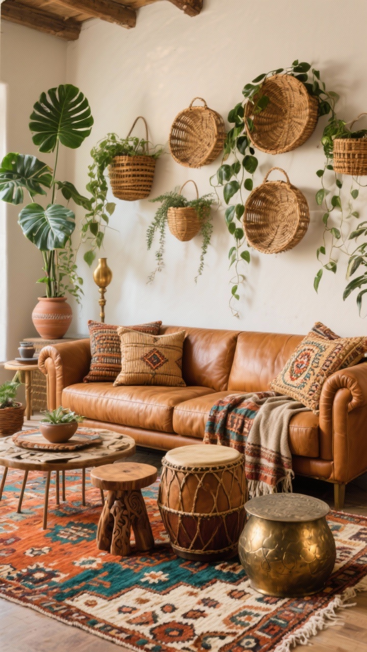 Medium shot, straight-on: Eclectic boho setup anchored by a caramel leather sofa with gently sloped arms and plush cushions; a vintage kilim/Moroccan rug bursting with terracotta, teal, rust, cream; mix of side tables—a ceramic drum, carved wooden stool, and hammered metal piece—topped with woven pillows, embroidered throws; wall baskets arranged artfully; trailing pothos and a monstera add greenery; warm, layered textures in leather, rattan, brass, woven textiles; inviting glow, photorealistic.