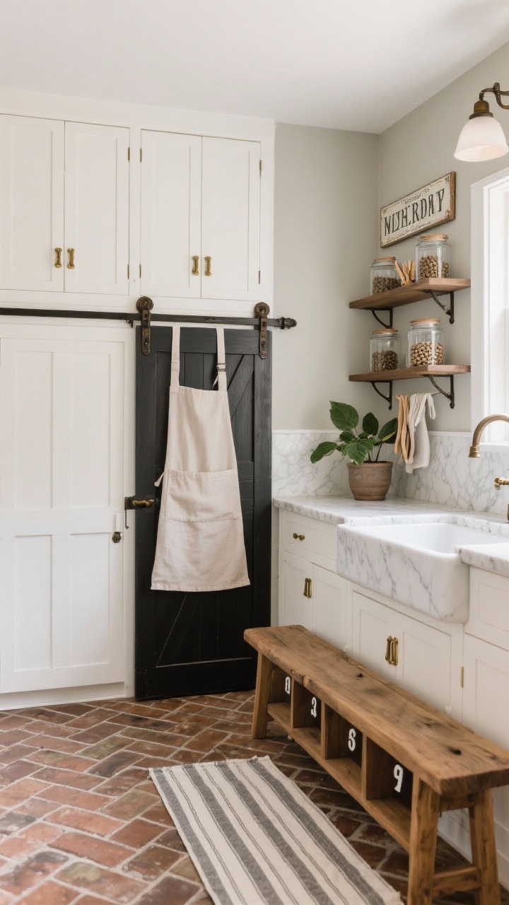 Medium shot, straight-on farmhouse composition: warm white cabinets with aged brass hardware, faux sliding barn door with black hardware concealing laundry; apron-front farmhouse sink beside subtle-veined quartz countertop; open shelves with oil-rubbed bronze brackets displaying glass canisters of pods and clothespins; herringbone brick (or brick-look porcelain) floor; sturdy oak bench with cubbies and number tags; walls in soft greige with a vintage-style sign; striped cotton runner and a leafy potted plant; cozy modern farmhouse lighting ambience, photorealistic.
