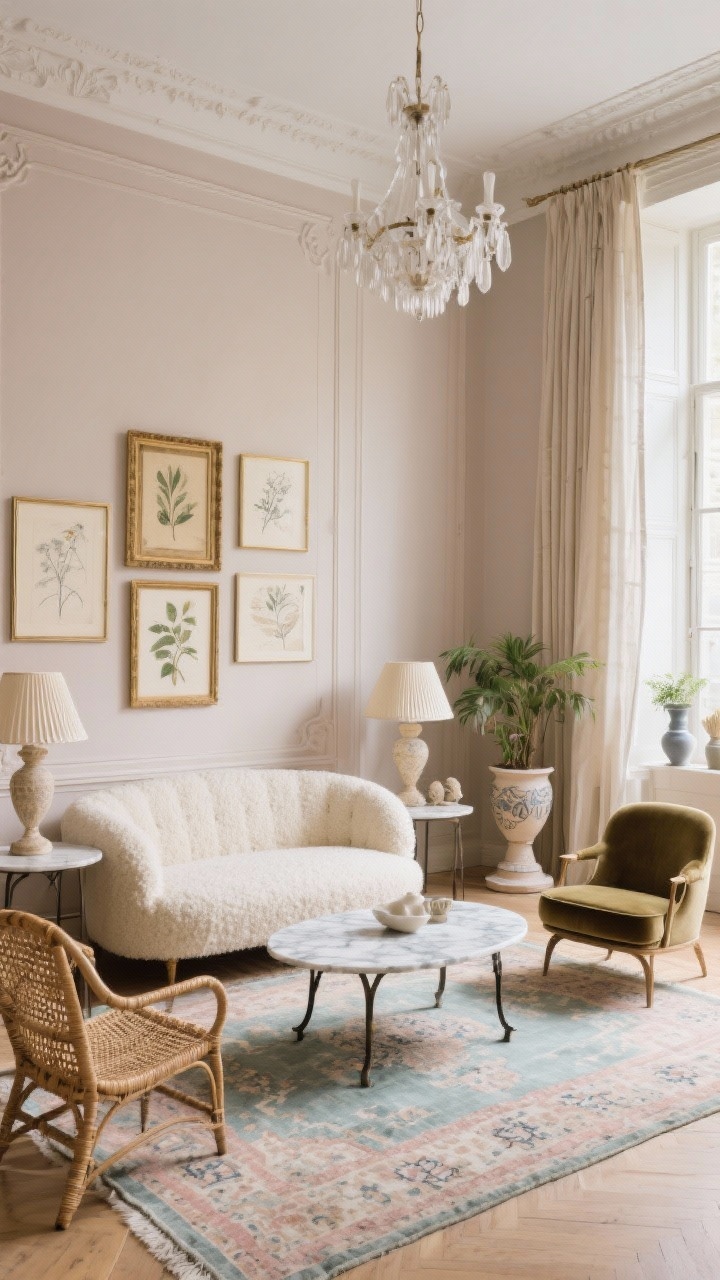 Medium shot, straight-on: Parisian-boho living room with pale mushroom walls and elegant molding/picture frame trim; a curved cream bouclé sofa centered, paired with a marble-topped bistro-style coffee table; vintage Turkish Oushak rug in faded pastels underfoot; seating includes a rattan cane lounge chair and a petite velvet slipper chair; milk-glass chandelier overhead and fluted table lamps with linen shades on side tables; asymmetrical salon wall arrangement with gilt frames, sketches, and botanical prints; flax linen drapes framing tall windows; ceramic pedestals with plants and a few sculptural ceramics; refined, European, designer, photorealistic.