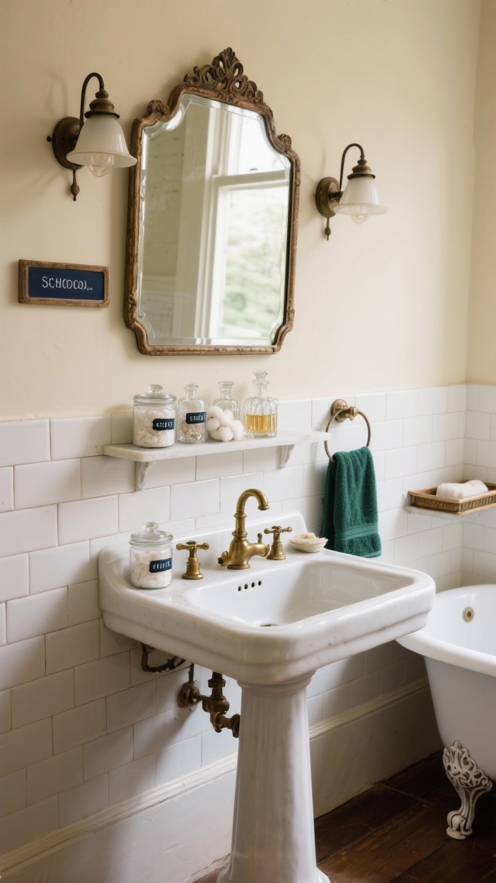 Medium shot, straight-on: Vintage apothecary bathroom featuring a pedestal sink with antique brass hardware, set against classic white subway tile and cream walls. A beveled mirror with a vintage frame hangs above; a schoolhouse sconce flanks the mirror. Countertop styling includes labeled apothecary jars for cotton and bath salts and pressed glass perfume bottles; a clawfoot tub tray appears in the background. Accents of inky navy or forest green via a towel. Warm, nostalgic, photorealistic.
