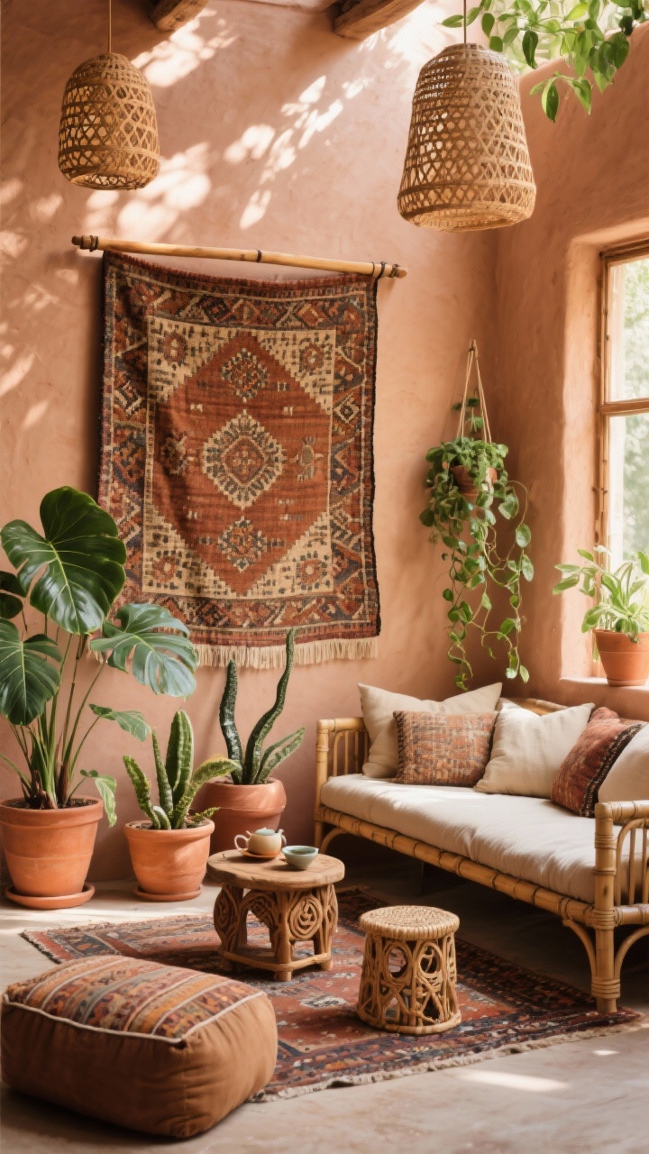 Medium shot, sun-dappled: A cozy sunroom with clay-toned walls, a bamboo daybed layered with neutral cushions, low woven stools, a kilim rug, and oversized floor cushions. On the wall, a large vintage textile (Moroccan wedding blanket/suzani/mudcloth) hung on a discreet wooden rod—rich fibers and stitched texture visible. Cluster of potted plants—monstera, snake plant, and trailing pothos—balancing the scene. Overhead rattan pendants casting patterned light; terracotta planters and a carved side table set for tea. Warm, layered, relaxed, photorealistic.