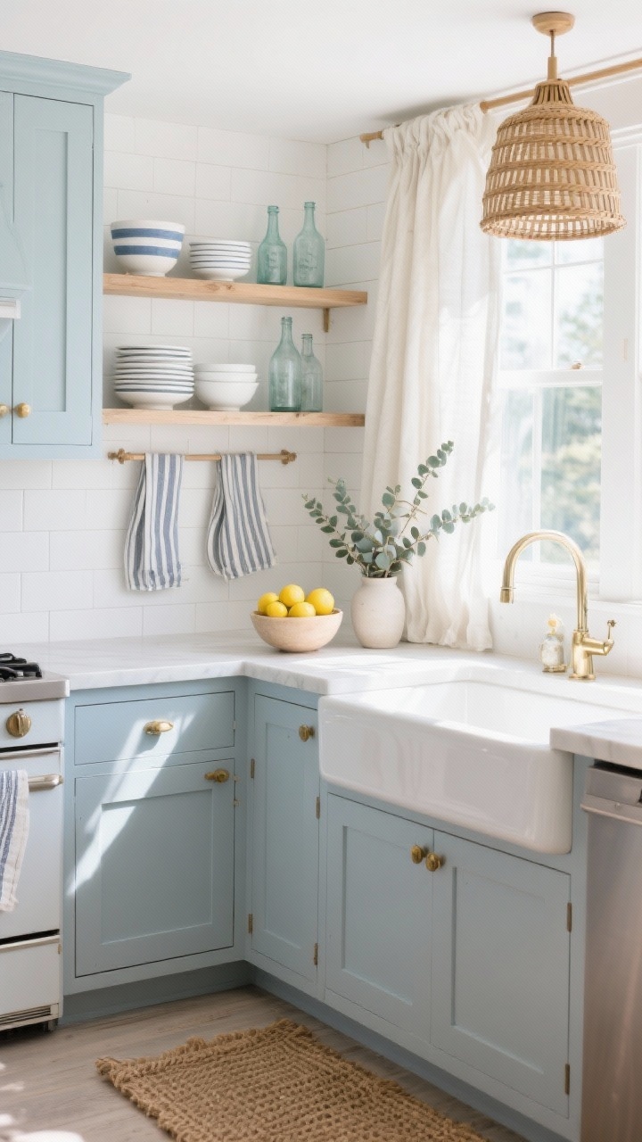 Medium shot: Sunlit coastal kitchen corner featuring light shaker cabinets painted powder blue-gray with brass hardware, a white beadboard backsplash, and open white oak shelves holding striped bowls, sea-glass bottles, and stacks of white plates; rattan drum pendant above the island edge; woven jute runner visible along the floor; linen café curtains filtering bright natural light and striped tea towels hanging from a hook; farmhouse sink with a bowl of lemons and eucalyptus stems in a simple vase; airy, breezy vibe; photorealistic, slight corner angle.