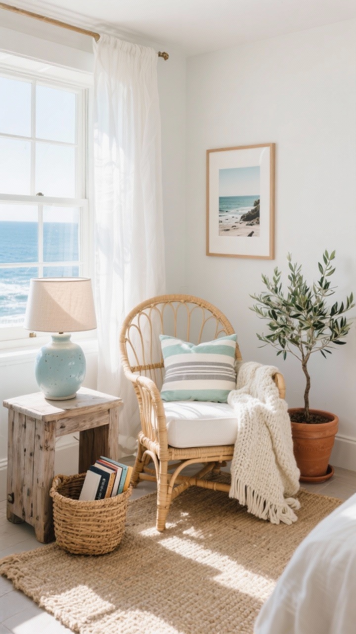 Medium shot, sunlit reading nook by a bright window with gauzy white curtains; a curved rattan accent chair with a thick ivory cushion; knitted throw in seafoam and a striped lumbar pillow in driftwood gray; sandy jute rug underfoot; weathered oak side table with a ceramic lamp in soft chalky blue; framed coastal photography on wall; woven basket holding books; small olive tree in a terracotta pot; breezy coastal feel, natural daylight, photorealistic, no people.