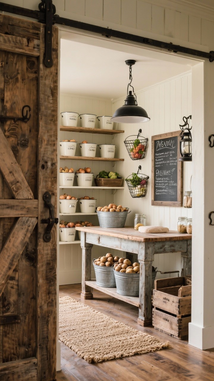 Medium shot through a reclaimed-wood sliding barn door into a rustic farmhouse pantry: wide plank shelves painted buttermilk displaying enamel bins and galvanized tubs for potatoes and onions; a vintage butcher-block table centered for kneading/sorting; one wall with wire baskets of produce and a chalkboard listing menus and staples; woven jute runner on the floor, black lantern pendant overhead; accents of mason jars, iron hooks, and rustic crates; warm, inviting lighting with natural wood textures.