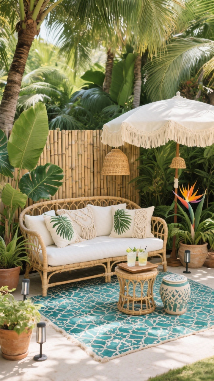 Medium shot, Tropical Boho Hideaway: A breezy rattan daybed with vanilla-white cushions set beneath a lush canopy of palms. Palette of jungle greens and ocean teal accented by a Moroccan-tile patterned outdoor rug. Thrown pillows in palm frond prints, subtle macramé accents, and a bamboo privacy screen mounted behind the seating for a resort vibe. Potted monstera and bird-of-paradise cluster nearby with a ceramic garden stool doubling as a tray table holding iced drinks. Rattan pendant lights and solar stake lights tucked in planters. A cream fringed parasol provides shade. Photorealistic, dappled daylight, straight-on view.