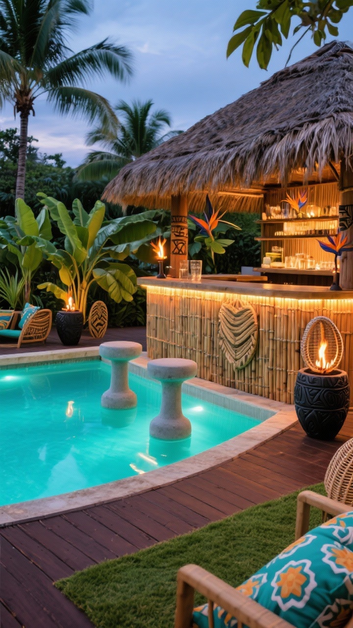 Medium shot, Tropical Tiki Lounge With Swim-Up Bar: A raised bamboo-clad bar hugging the pool edge beneath a palapa-style thatch roof, with hidden LED strips under the bar rail glowing warm. Inside the turquoise-lit water, two submerged bar stools with smooth concrete forms. Surrounding deck in rich espresso ipe/composite contrasts lush banana palms, bird-of-paradise, and glossy philodendron in black fiberstone planters. Tiki torches flicker, a rattan egg chair hangs nearby, and bright patterned outdoor pillows and a grass-mat bar front complete the resort vibe; twilight scene, no people.